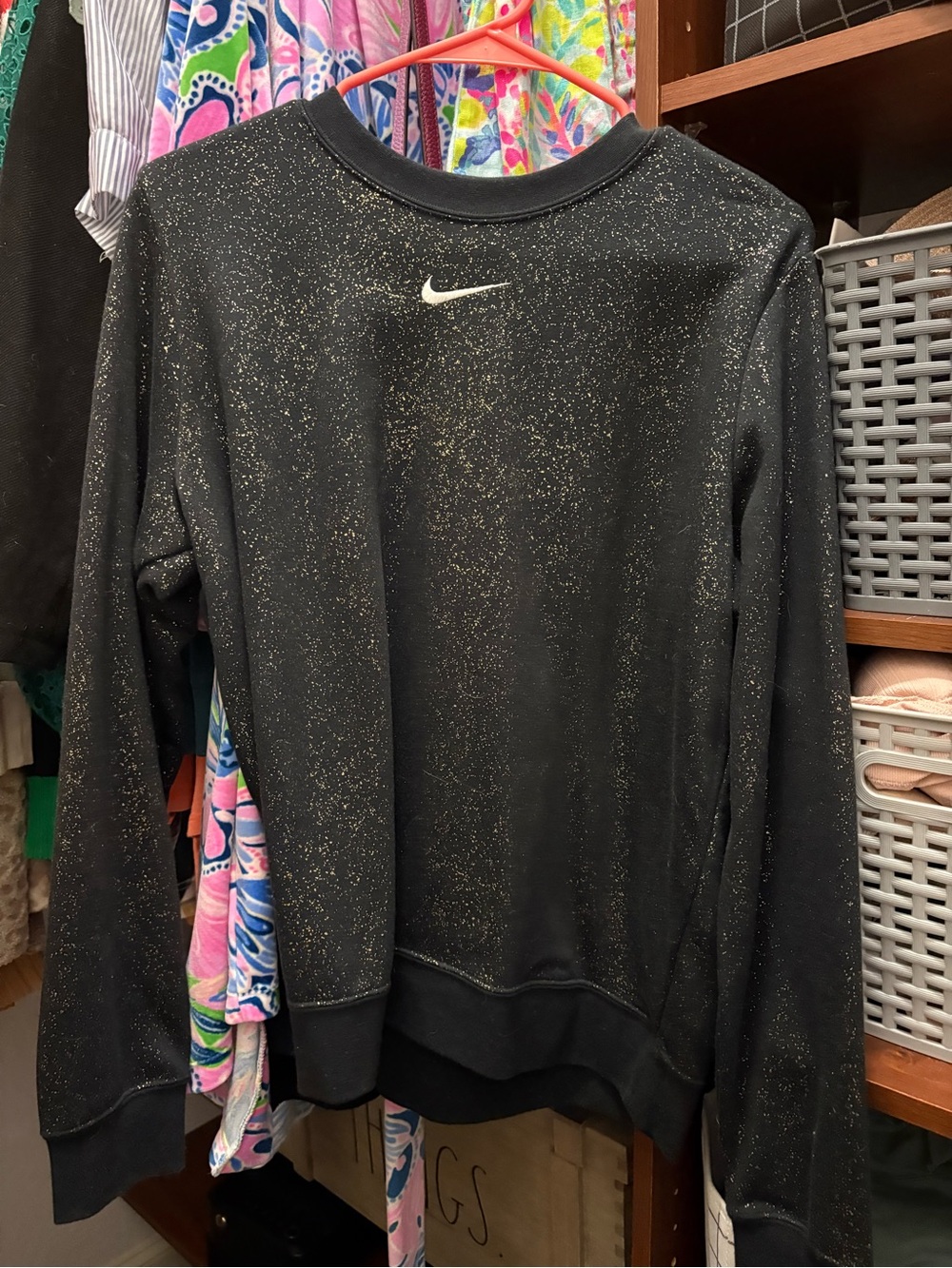 Nike Black Crewneck Sweatshirt with White Swoosh and Gold Glitter